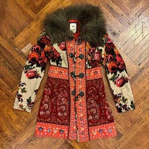 Anthropologie floral faux fur long coat size 4